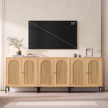 92.63" W Mid Century Modern TV Stands for Living Room, Natural Oak