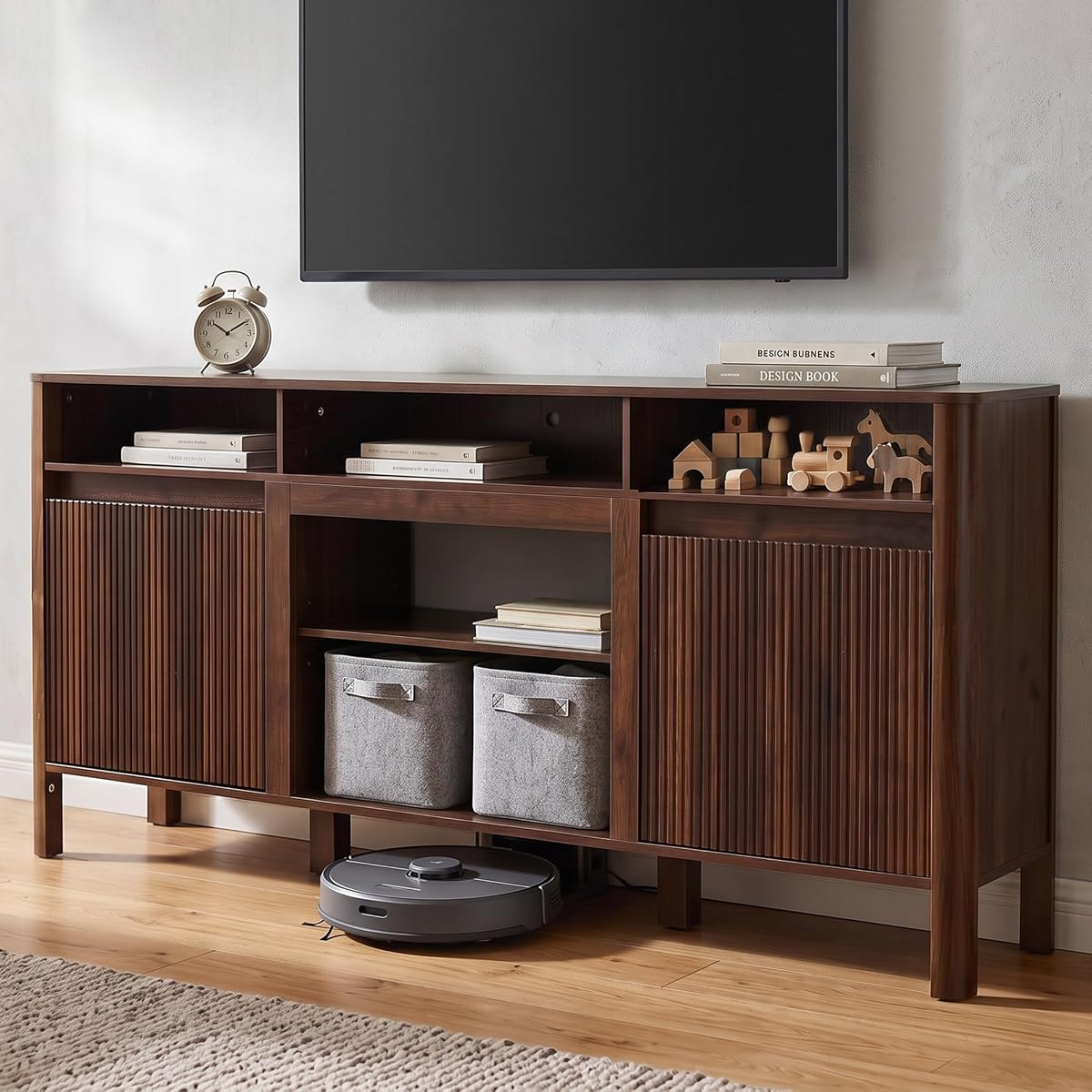 68" Mid Century Modern TV Stands for Living Room, Fulted TV Stand