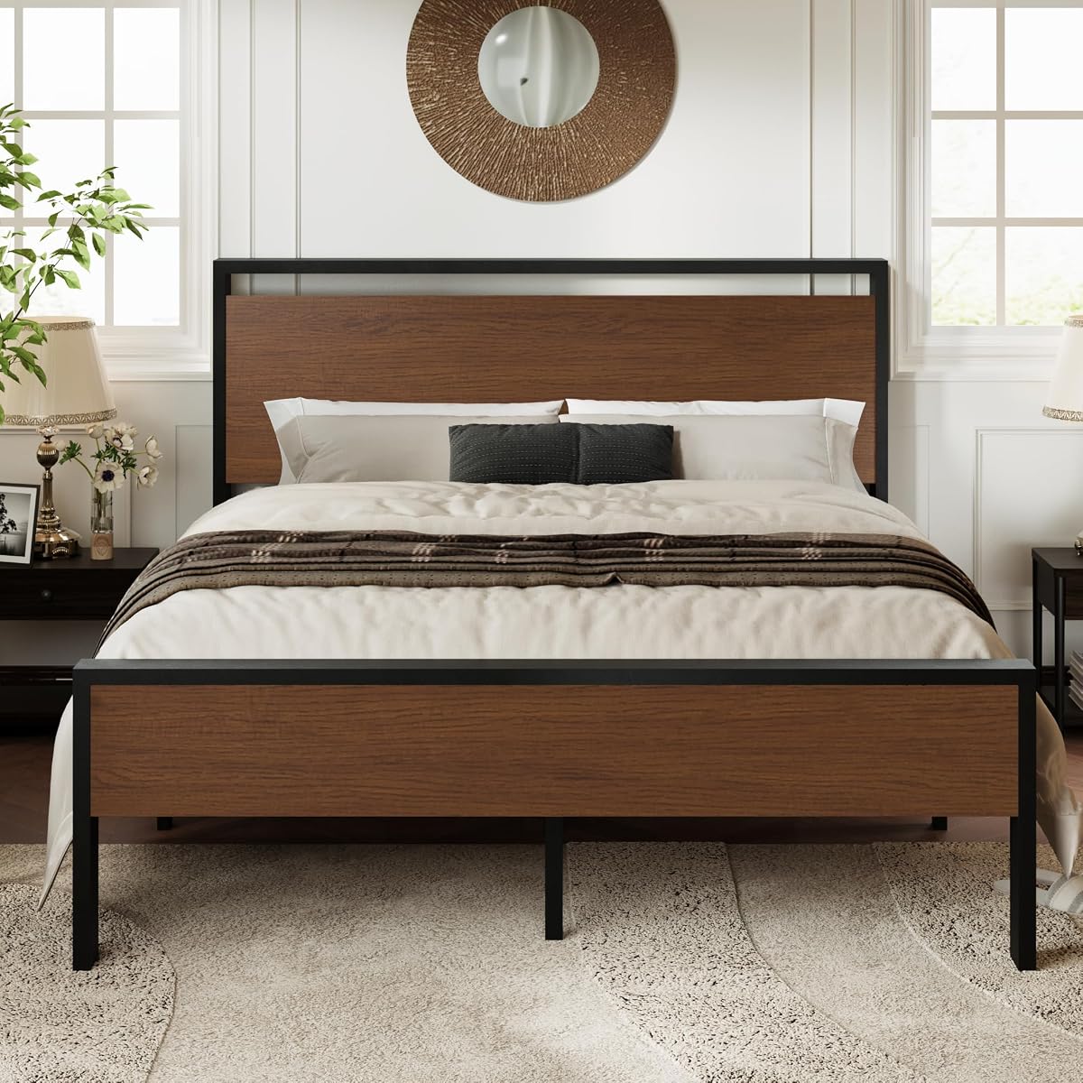 Full Size Bed Frame, Heavy Duty 12 Metal Slats Support, Walnut