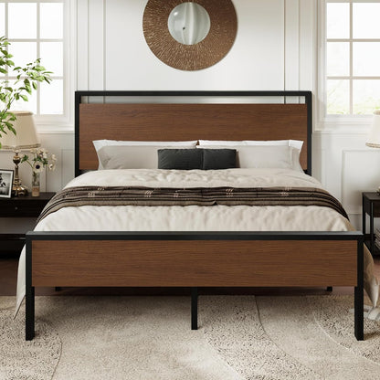 Full Size Bed Frame, Heavy Duty 12 Metal Slats Support, Walnut