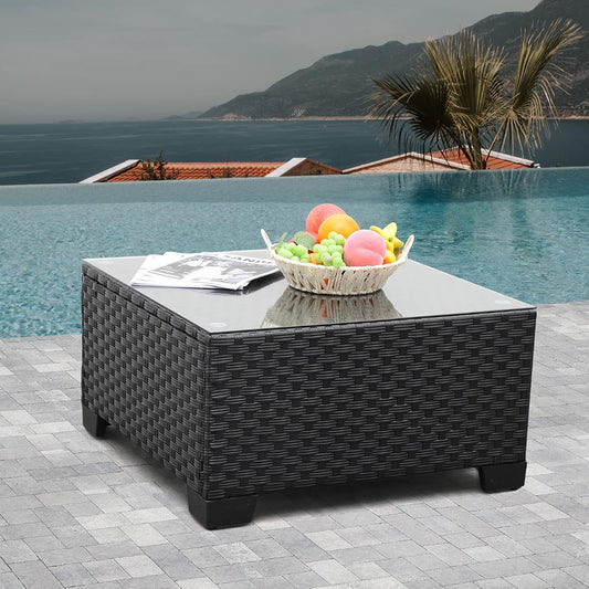 Black wicker square outdoor side table with tempered glass top