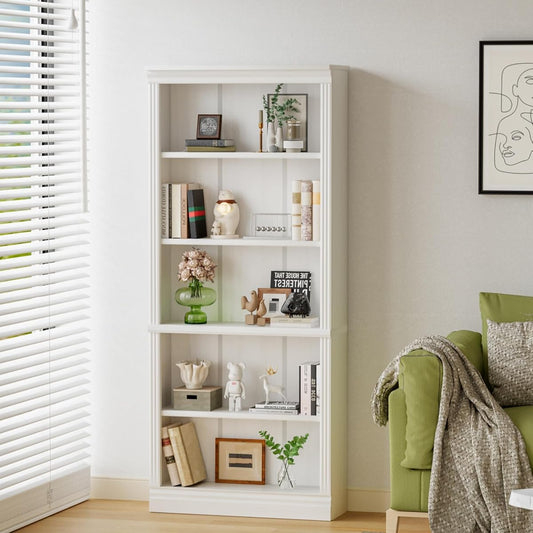 72" Bookcase and Bookshelf, 5-Tier Wood Bookcases with Shelves, Tall Floor Standing Book Shelf Storage Cabinet Home Decor Furniture for Living Room, Home Office, White, 1 PCS