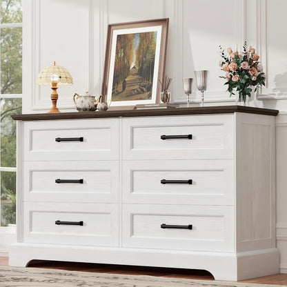 Dresser for Bedroom, Farmhouse 6 Drawers Dressers, White and Brown
