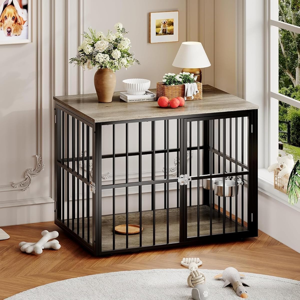 43" Dog Crate Furniture, Wooden Dog Crates with Double Doors and Lockable Kennel