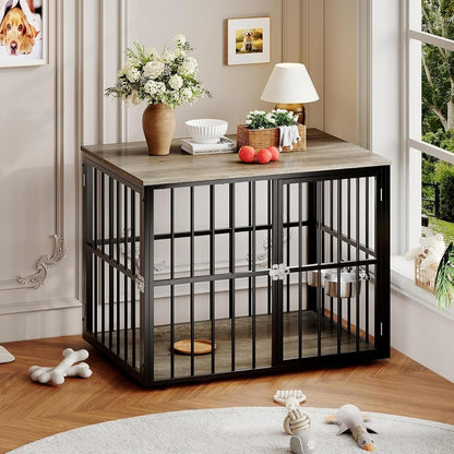 43" Dog Crate Furniture, Wooden Dog Crates with Double Doors and Lockable Kennel
