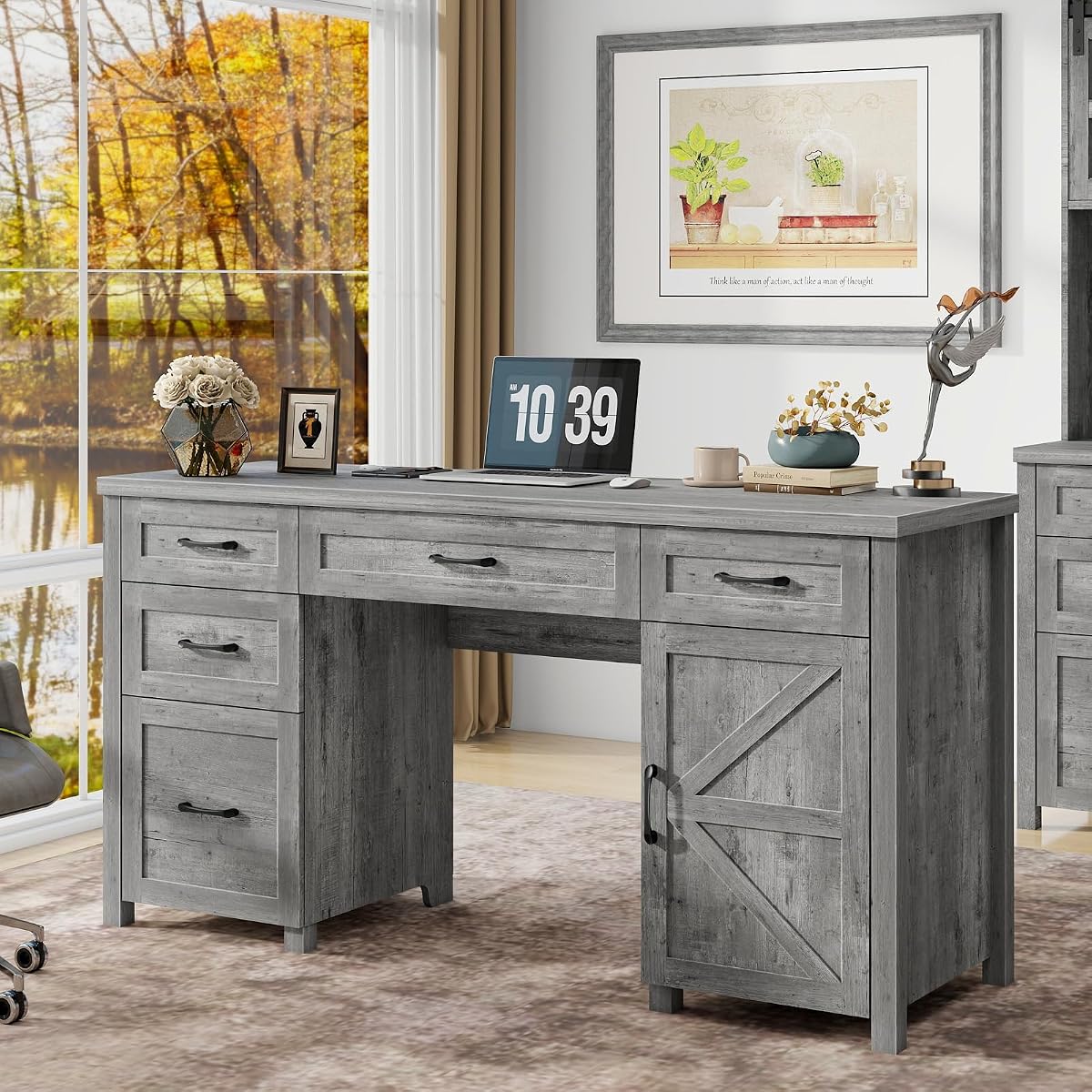 Farmhouse 61'' Executive Desk with 5 Drawers,Grey