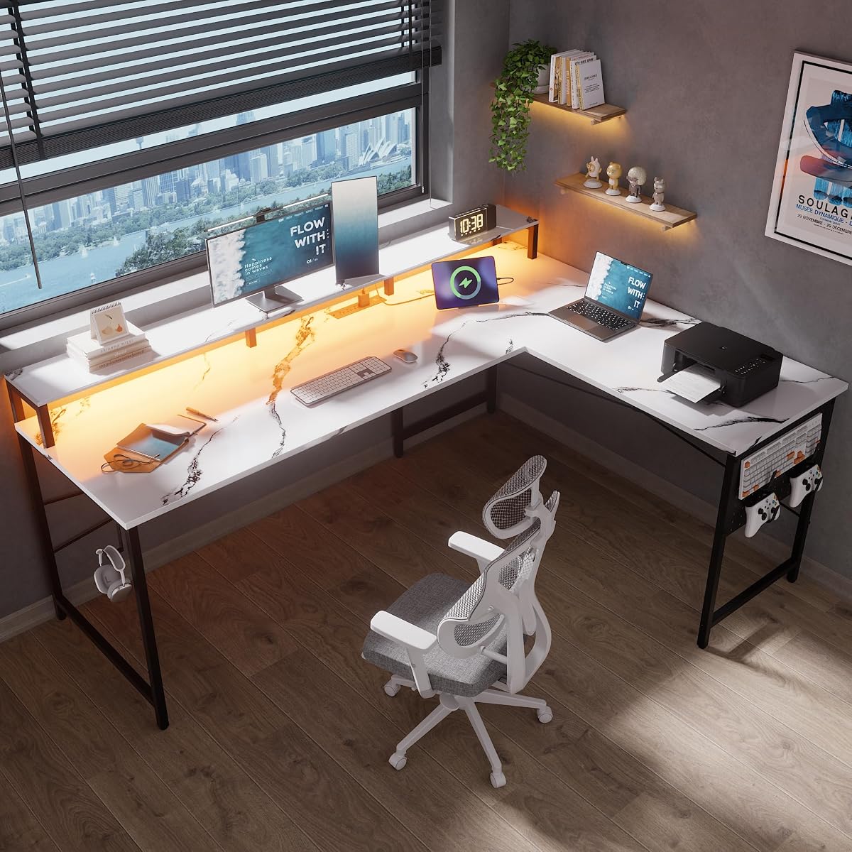 64 Inch L Shaped Gaming Desk with Monitor Stand and Power Outlets