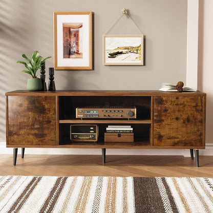 TV Stand for 65 Inch TV, Mid Century Modern TV Stand, Entertainment Center with Storage Cabinet and Open Shelves, TV Console Table Media Cabinet for Living Room, and Bedroom (Rustic Brown)