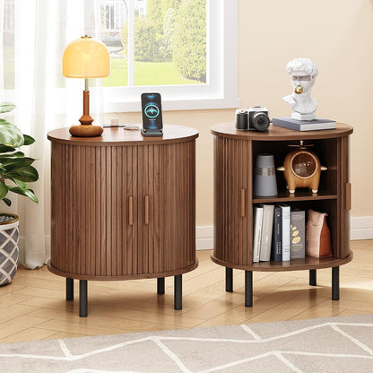 Oval End Table with Storage & Charging Station, Fluted Accent Side Table with Sliding Door & Adjustable Shelf, Mid-Century Modern Nightstand Set of 2 for Living Room, Bedroom, Walnut(2-Pack)