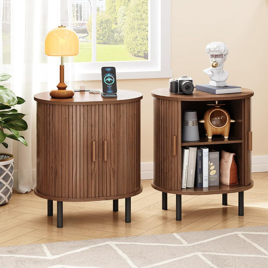 Oval End Table with Storage & Charging Station, Fluted Accent Side Table with Sliding Door & Adjustable Shelf, Mid-Century Modern Nightstand Set of 2 for Living Room, Bedroom, Walnut(2-Pack)