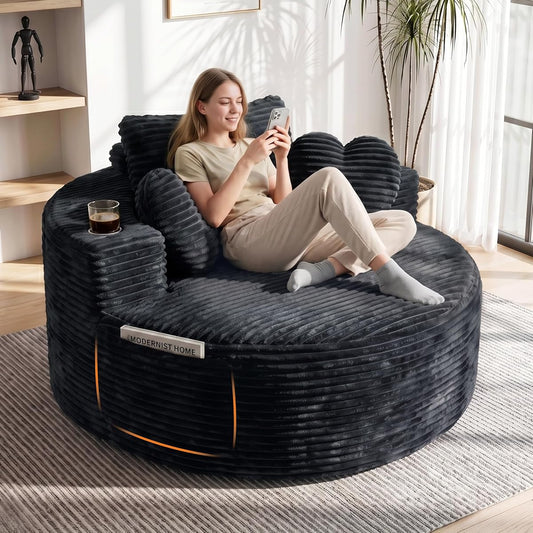 56''Oversized Round Chair Lounge Chaise Indoor with Cup Holders & Side Pocket
