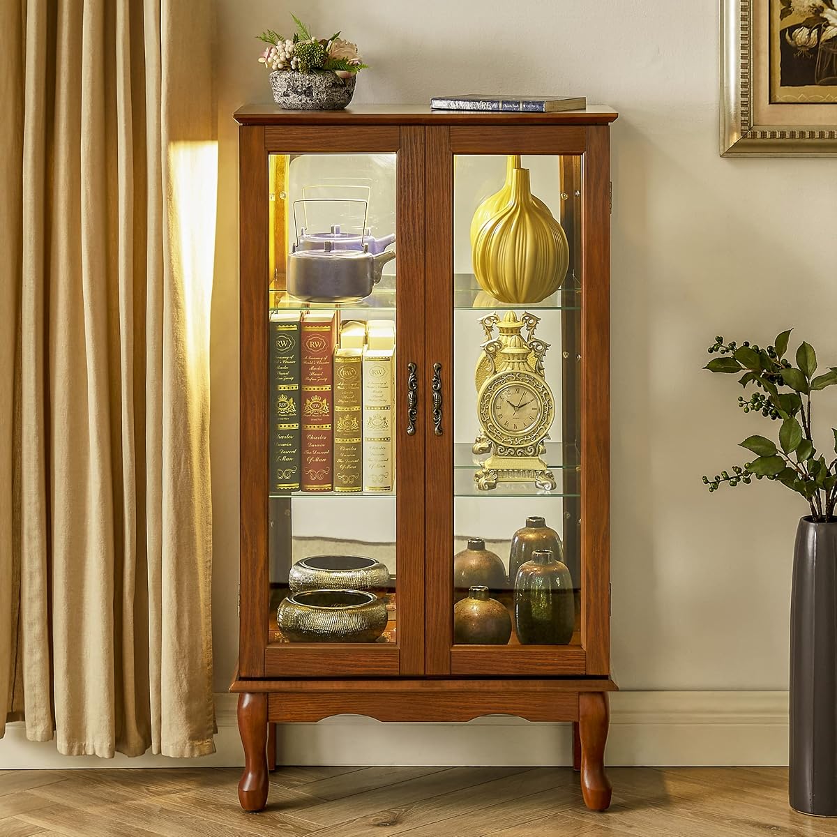 Curio Cabinet Lighted Curio Diapaly Cabinet with Adjustable Shelves and Mirrored Back Panel, Tempered Glass Doors (Oak, 3 Tier), (E26 Light Bulb not Included)