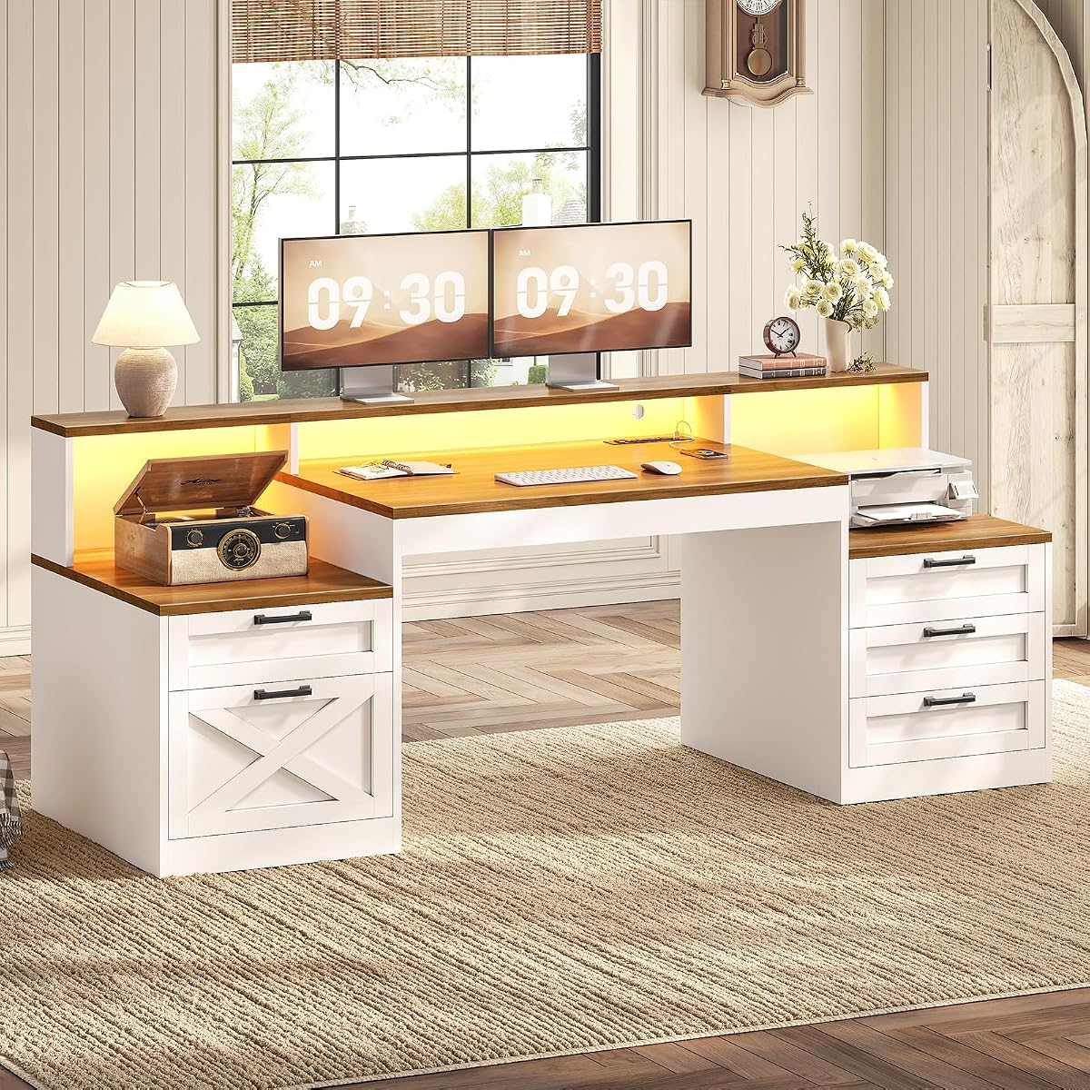 63" Farmhouse Office Desk with 5 Drawers, White and Brown