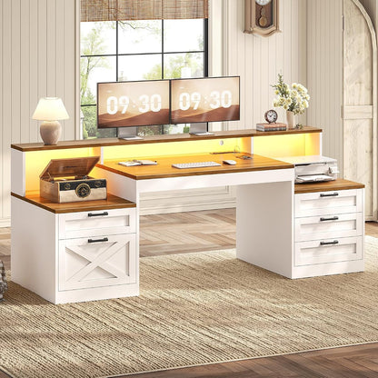63" Farmhouse Office Desk with 5 Drawers, White and Brown