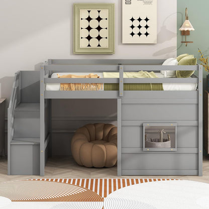 Low Loft Bed with Stairs, Twin Wooden Loft Bed Frame for Kids with Storage, Gray