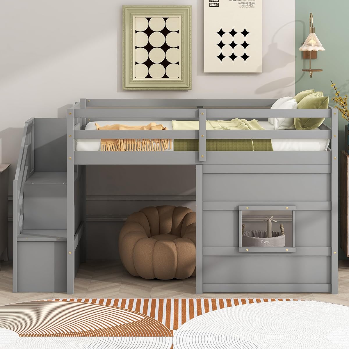 Twin Kids Low Loft Bed with Staircase and Safety Guardrails,Wood Loft Bed Frame with Under Bed Space,Easy Assembly,Gray