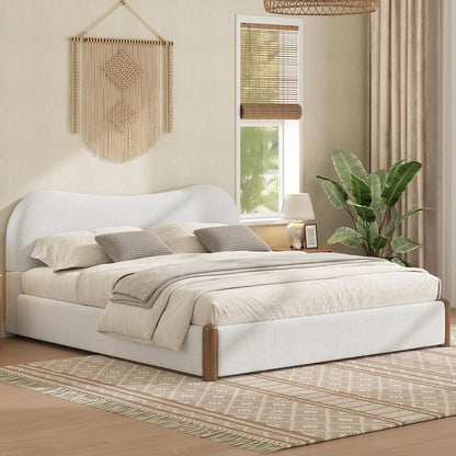 JIVOIT Queen Berber Fleece Upholstered Bed with Headboard, Wood Supporting Feet (White/Queen,30)