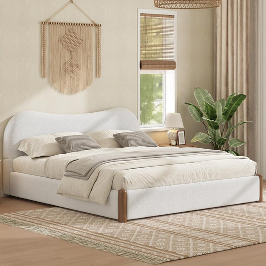 JIVOIT Queen Berber Fleece Upholstered Bed with Headboard, Wood Supporting Feet