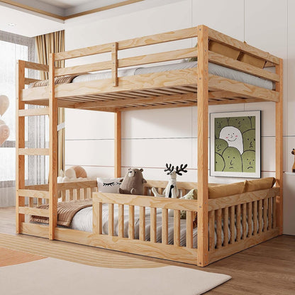 JIVOIT Full Over Full Bunk Bed, Solid Wood Bunk Bed Frame with Ladder and Guardrails, Wood Slats Support, No Box Spring Needed (Natural/ 4)