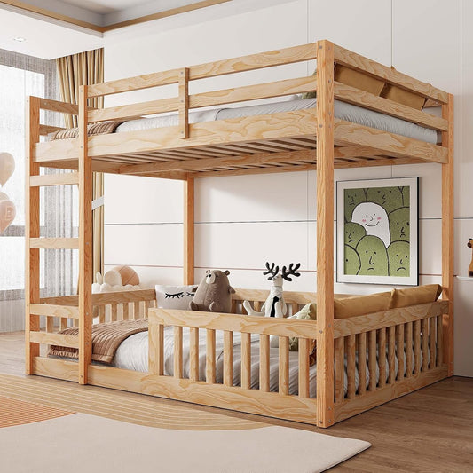 JIVOIT Full Over Full Bunk Bed, Solid Wood Bunk Bed Frame with Ladder and Guardrails, Wood Slats Support, No Box Spring Needed (Natural/ 4)