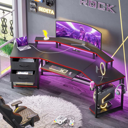 79" Gaming Desk, Computer Desk with 2 Fabric Drawers & LED Light, L Shaped Gaming Desk with Storage Shelf for Home Office, Carbon Fiber Black&Red