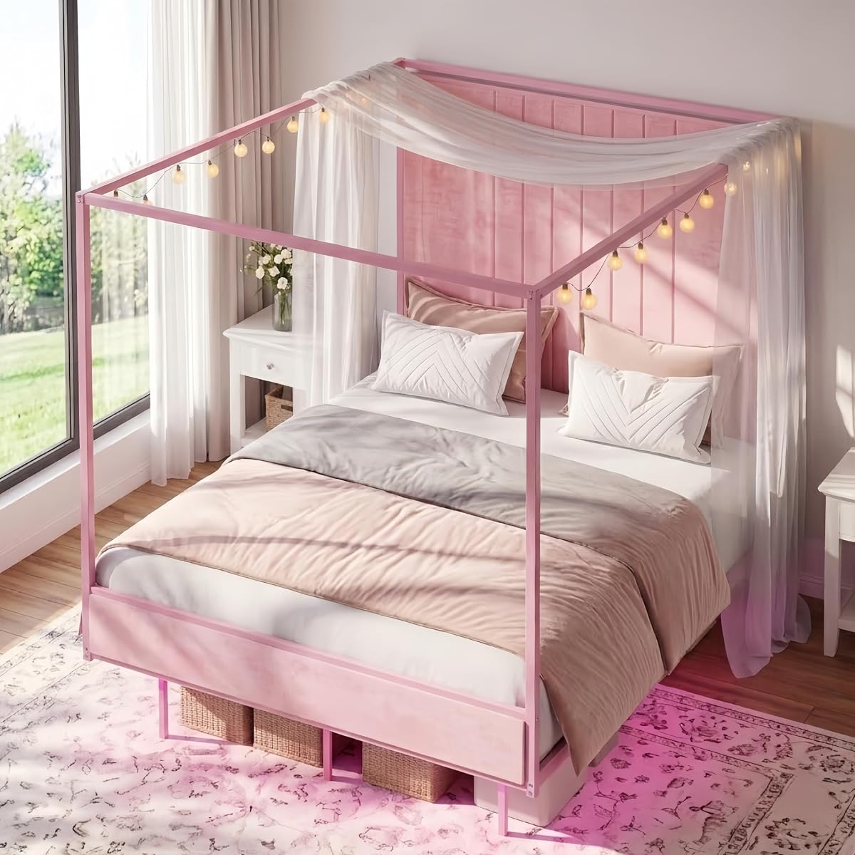 Full Canopy Platform Bed with Charging Station & LED Lights