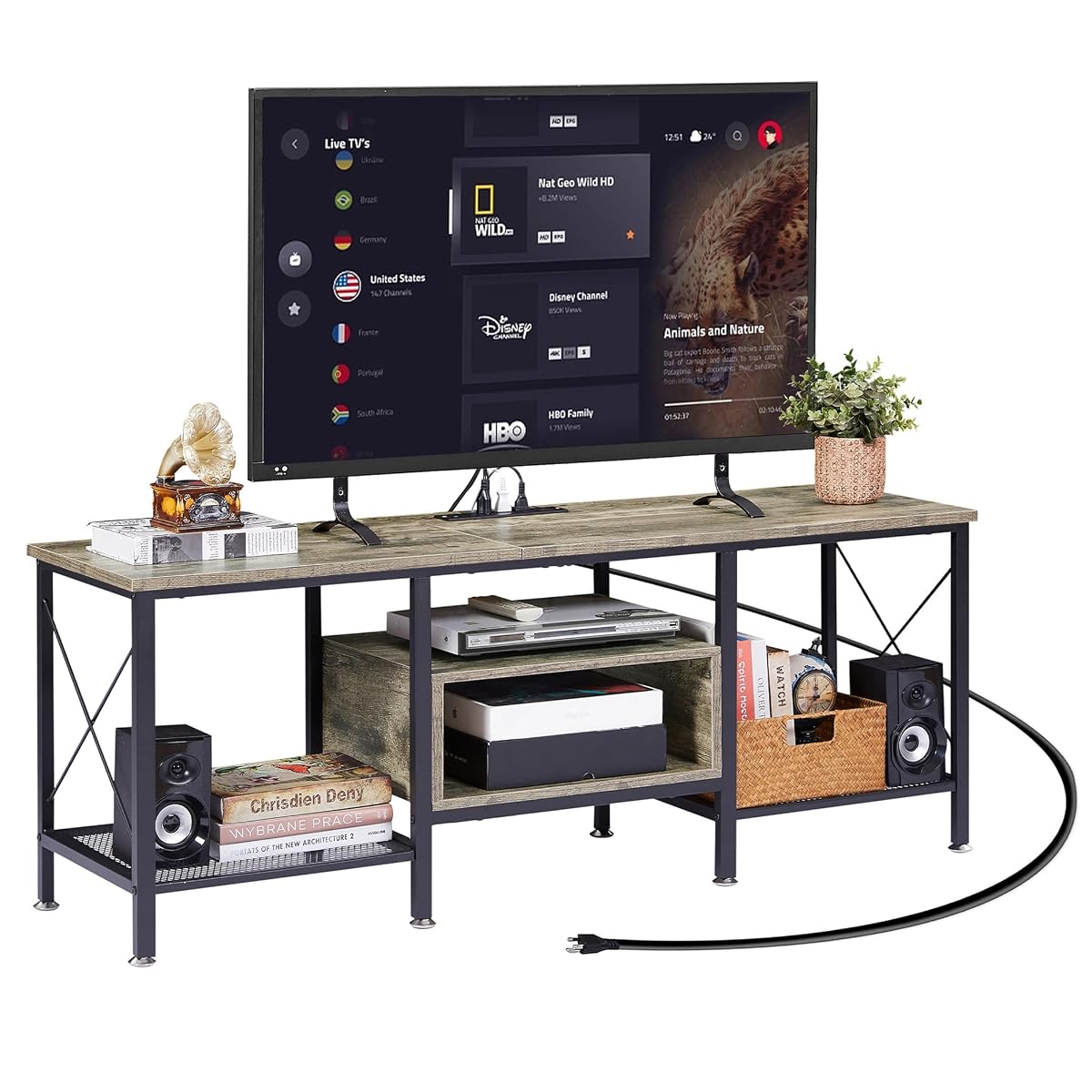 TV Stand with Power Outlets for 65 Inch Industria Media Entertainment Center with Charging Station, 3-Tier Open Shelves & Metal Frame for Living Room, Bedroom, 55 Inch, Grey