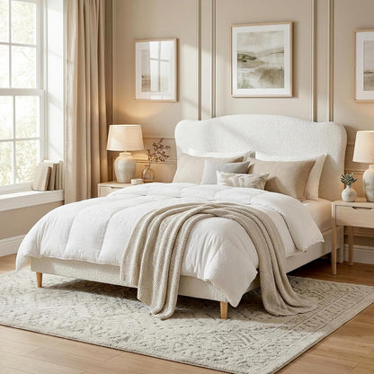 Queen Size Bed Frame with Upholstered Headboard, Beige
