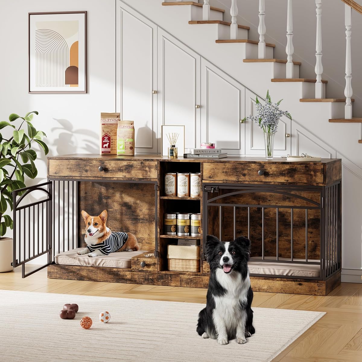 Dog Crate Furniture for 2 Dogs, Dog Kennel Indoor with Storage and Feeding Bowls