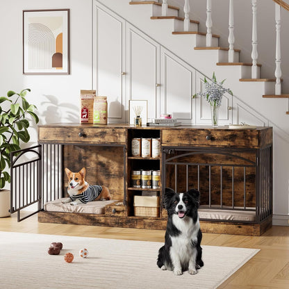 Dog Crate Furniture for 2 Dogs, Dog Kennel Indoor with Storage and Feeding Bowls