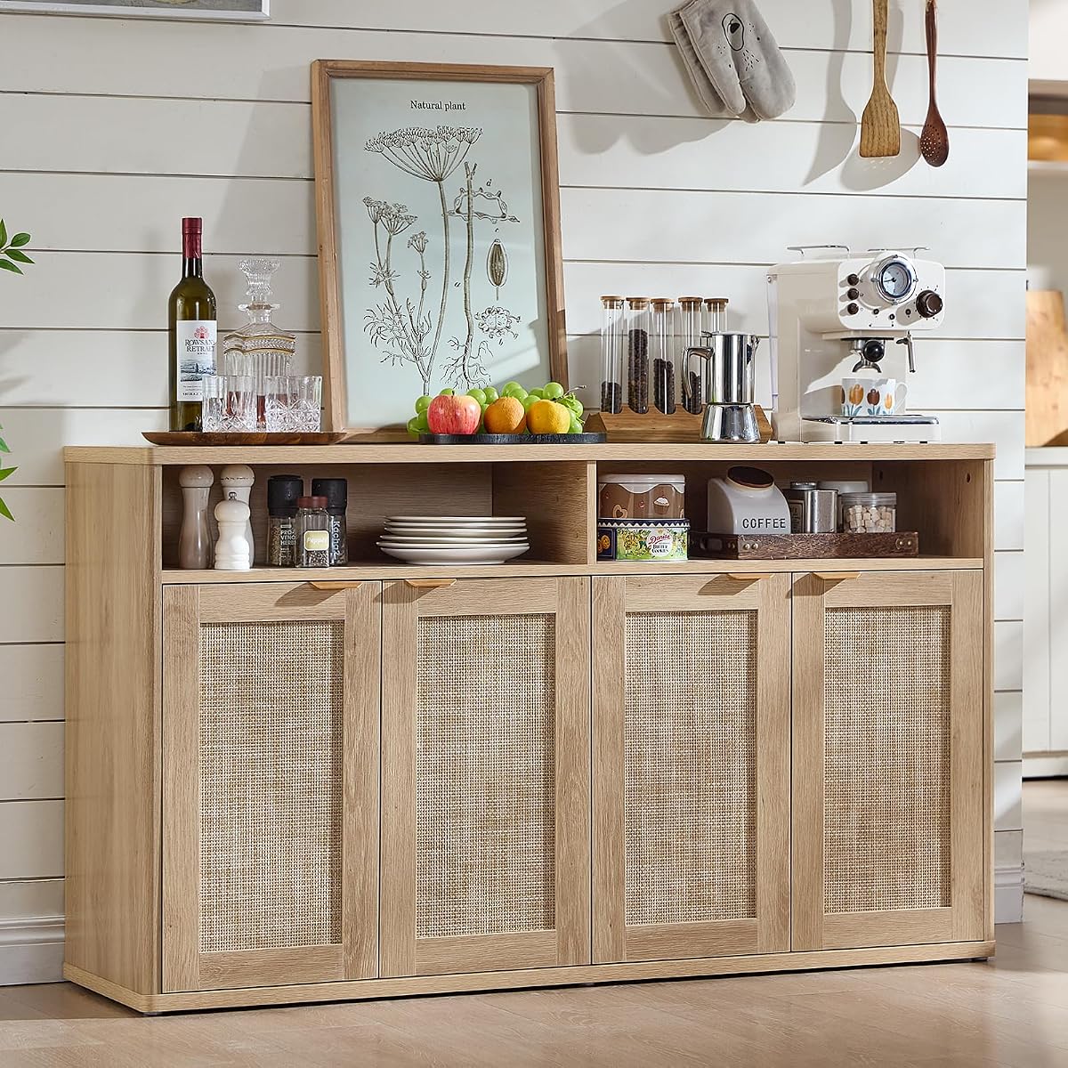 55-Inch Rattan Buffet Cabinet with 4 Doors,Natural