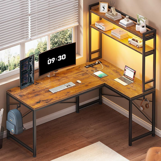 L Shaped Desk with Hutch, 45.3” Reversible Home Office Desk
