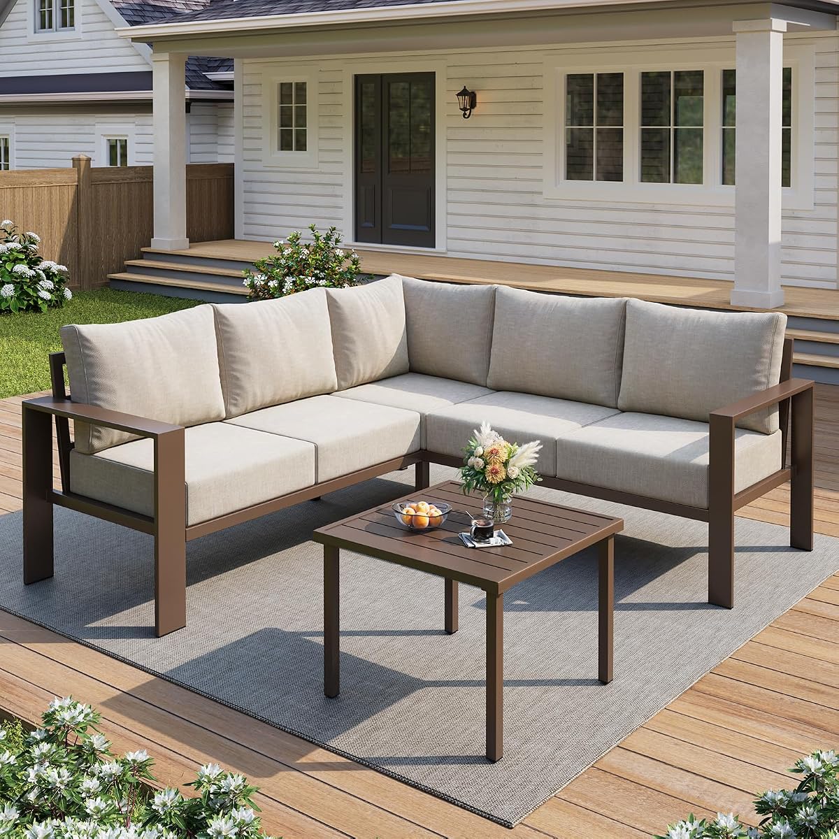 6 Piece Patio Furniture Set, Metal Outdoor Sectional Sofa with 6" Thick Olefin Cushions, Wide Armrest & Coffee Table, L Shaped Outdoor Furniture for Garden, Backyard Beige