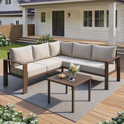 6 Piece Patio Furniture Set, Metal Outdoor Sectional Sofa with 6" Thick Olefin Cushions, Wide Armrest & Coffee Table, L Shaped Outdoor Furniture for Garden, Backyard Beige
