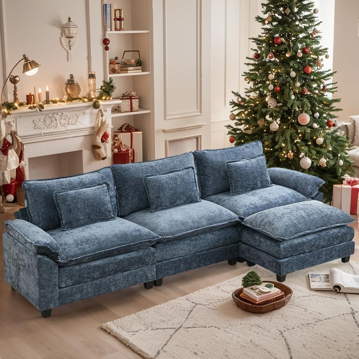 Modular Sectional Sofa, Cloud Couch with Ottoman, Deep Seat L Shaped Chenille Sofa Couches for Living Room Apartment (Blue, L Shaped-3 Seat & Ottoman)