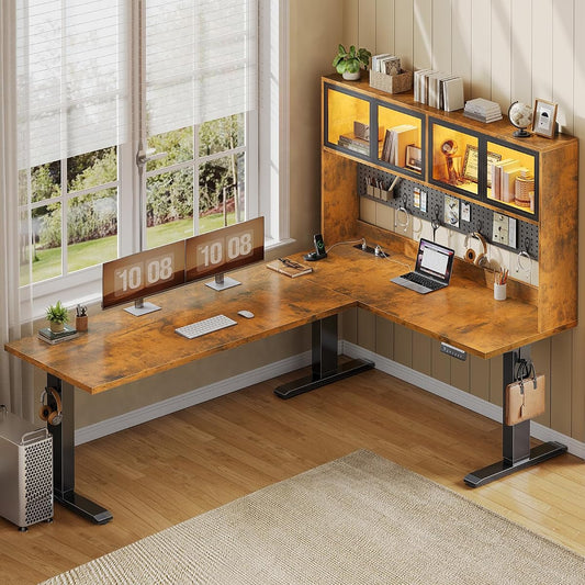 67" Standing L Shaped Gaming Desk, Office Computer Desk with Storage Hutch