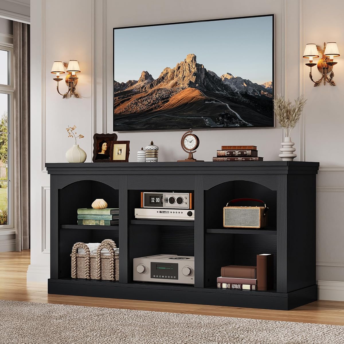 Farmhouse TV Stand with Adjustable Shelf for Living Room, Black