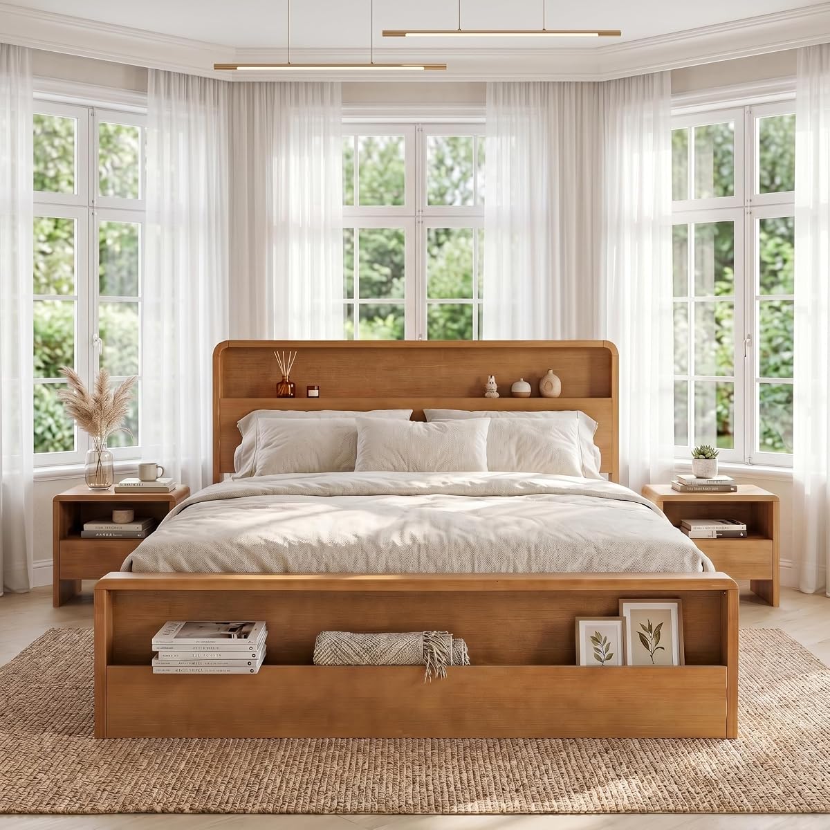 King Solid Wood Platform Bed with Open Storage Headboard, Light Brown