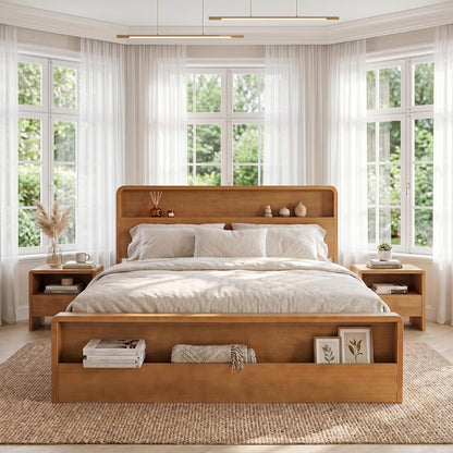 King Solid Wood Platform Bed with Open Storage Headboard, Light Brown