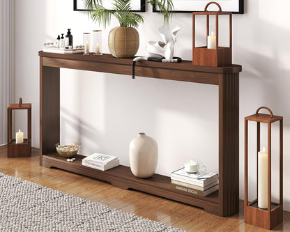 Modern 70 Inch Entryway Table Narrow - Behind Sofa Table Narrow, 8 Inch Deep Console Table Behind Couch with Open Storage, Walnut Entryway Table for Hallway, Foyer, Living Room