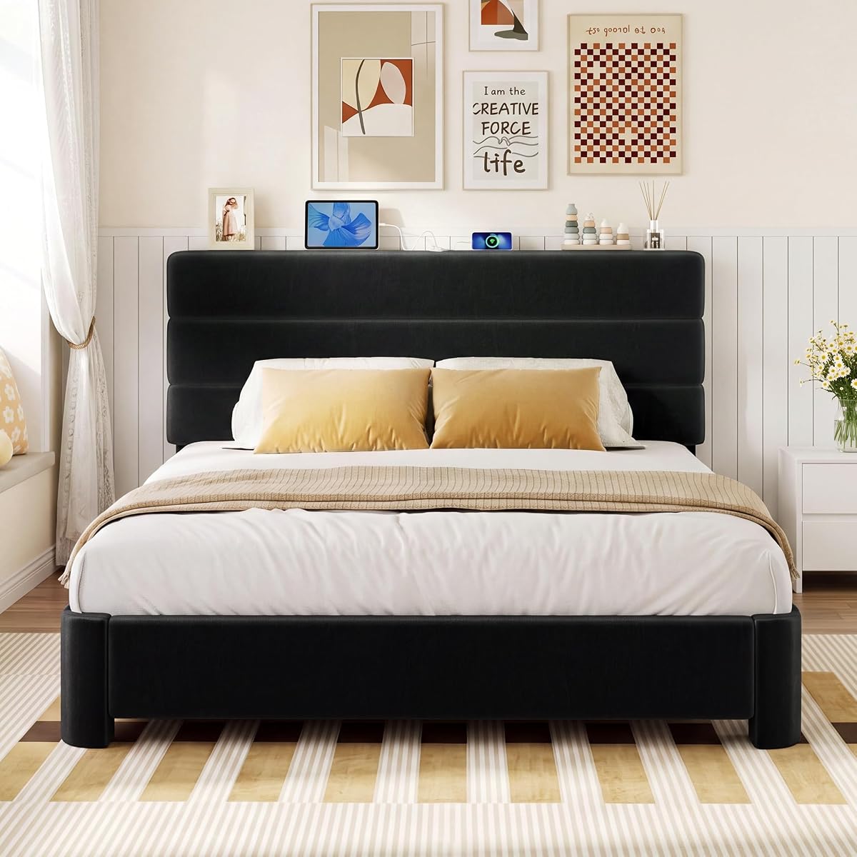 Queen Size Platform Bed Frame with Velvet Upholstered Headboard