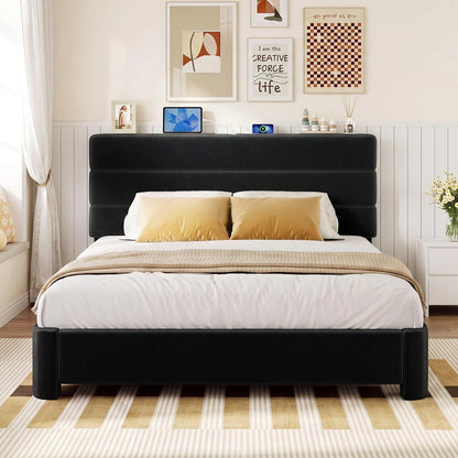 Queen Size Platform Bed Frame with Velvet Upholstered Headboard