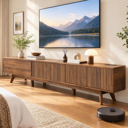 94" Fluted TV Stand with Power Outlet, Living Room TV Stand Walnut