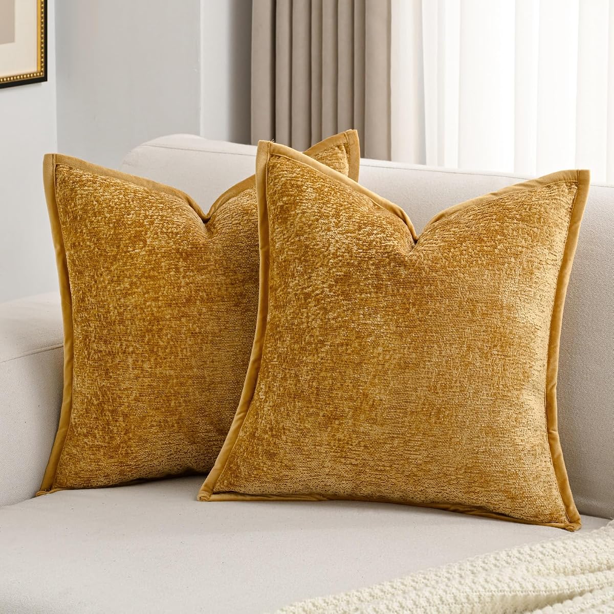 Tobacco Chenille Throw Pillow Covers 24x24 Inch Set of 2,Soft Cozy Bound Edge Design European Cushion Cover,Home Decor for Couch Bed Living Room