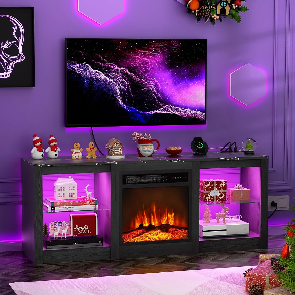 Electric Fireplace TV Stand for 65-80"TV, w/Power Outlets, Black