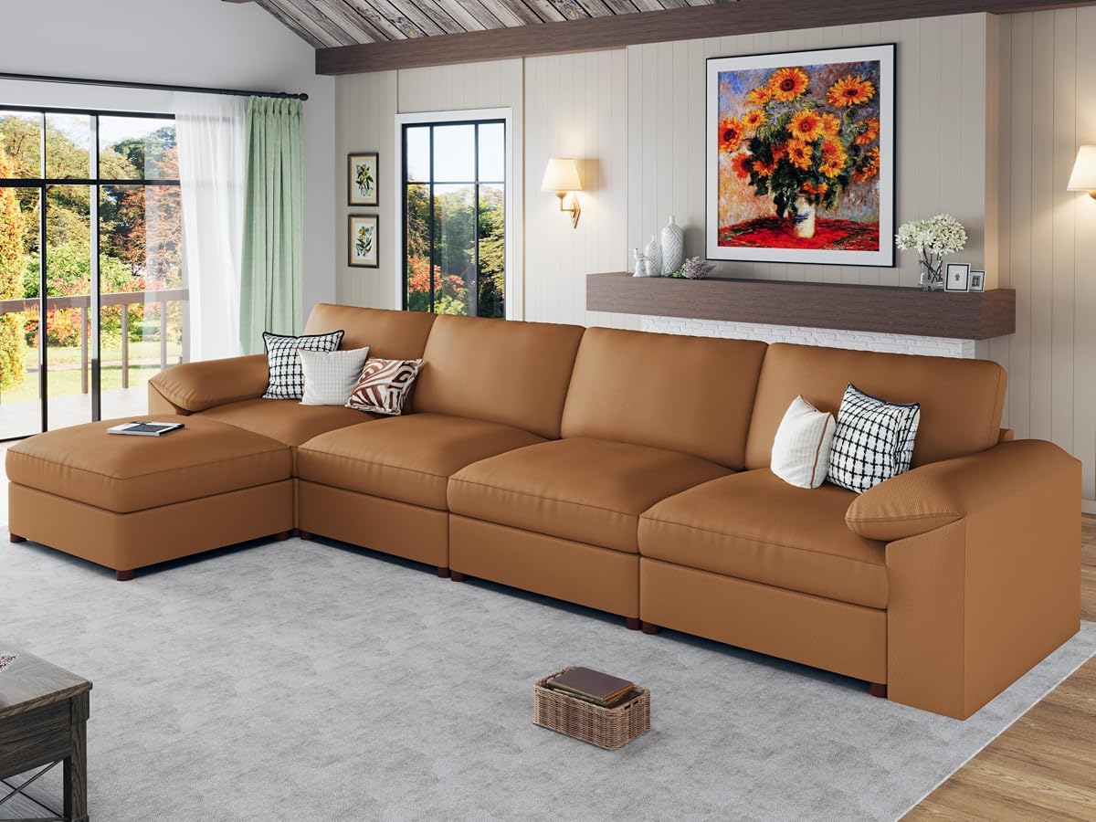 Leather Sectional Sofa,Modern Deep Seat Faux Leather Sectional,Extra Large L Shaped Couch,Oversized Modular Sofa,Comfy Scratch Resistant Material，Brown