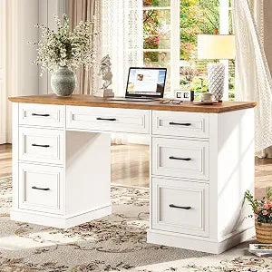 Farmhouse 59'' Executive Desk with File Drawers, Antique White, view 2