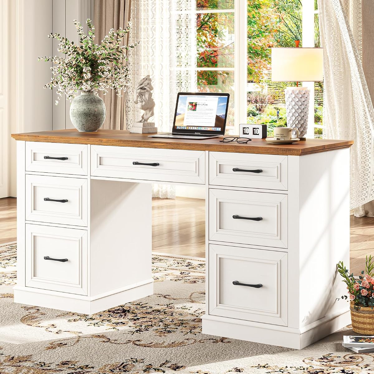 Farmhouse 59'' Executive Desk with File Drawers, Antique White