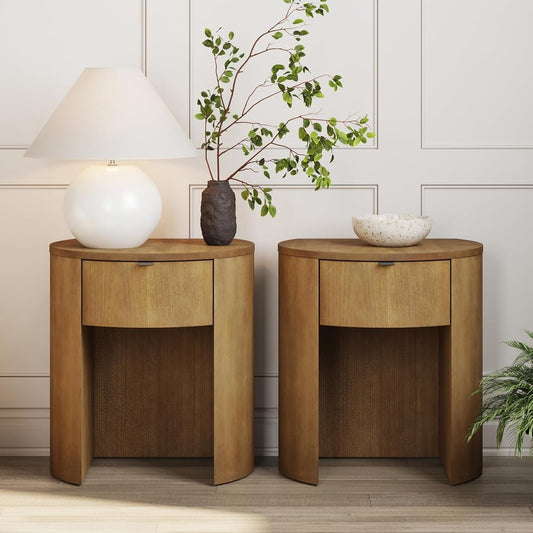 Set of 2 light brown solid wood nightstands with drawer