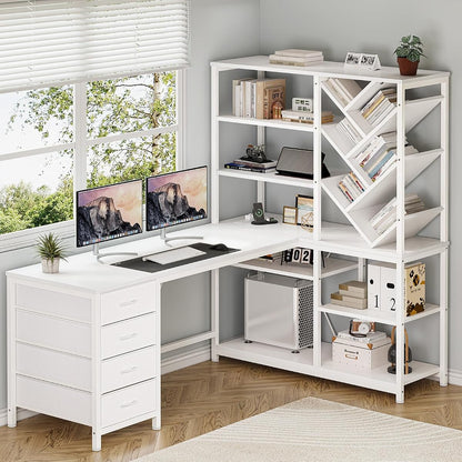 58" White L Shaped Desk with Bookshelf and 3 Drawers for Home Office